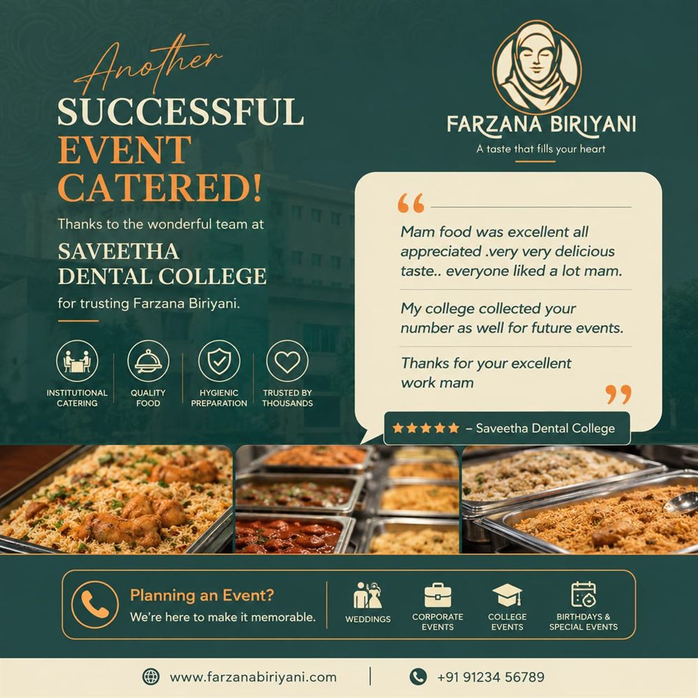 Farzana Biriyani notice thanking Saveetha Dental College, with photos of the biriyani and gravies served at the event